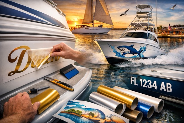 Marine-grade vinyl graphics being professionally applied to multiple types of boats, showcasing customization, durability, and personalized vessel design on the water