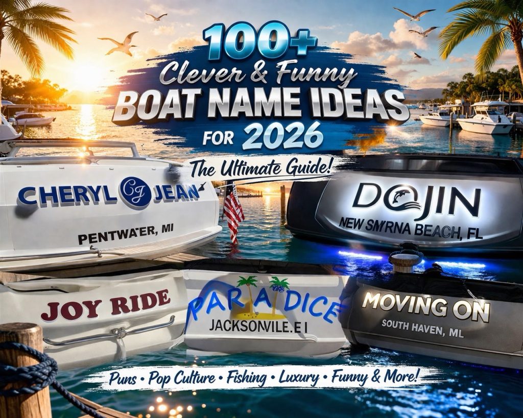 Collection of custom yacht name signs on boats in a marina including Cheryl Jean, Joy Ride, Paradice, Moving On, and Dojin showcasing real boat lettering designs for inspiration