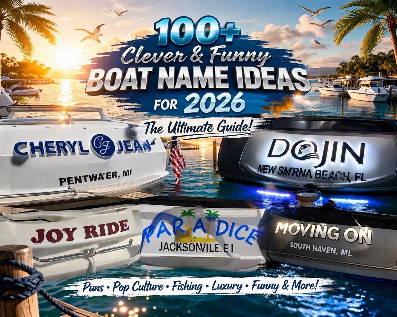 Collection of custom yacht name signs on boats in a marina including Cheryl Jean, Joy Ride, Paradice, Moving On, and Dojin showcasing real boat lettering designs for inspiration