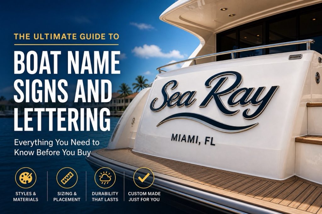 Luxury yacht transom with custom boat name lettering in Miami marina, showcasing vinyl and LED yacht sign options for boat owners