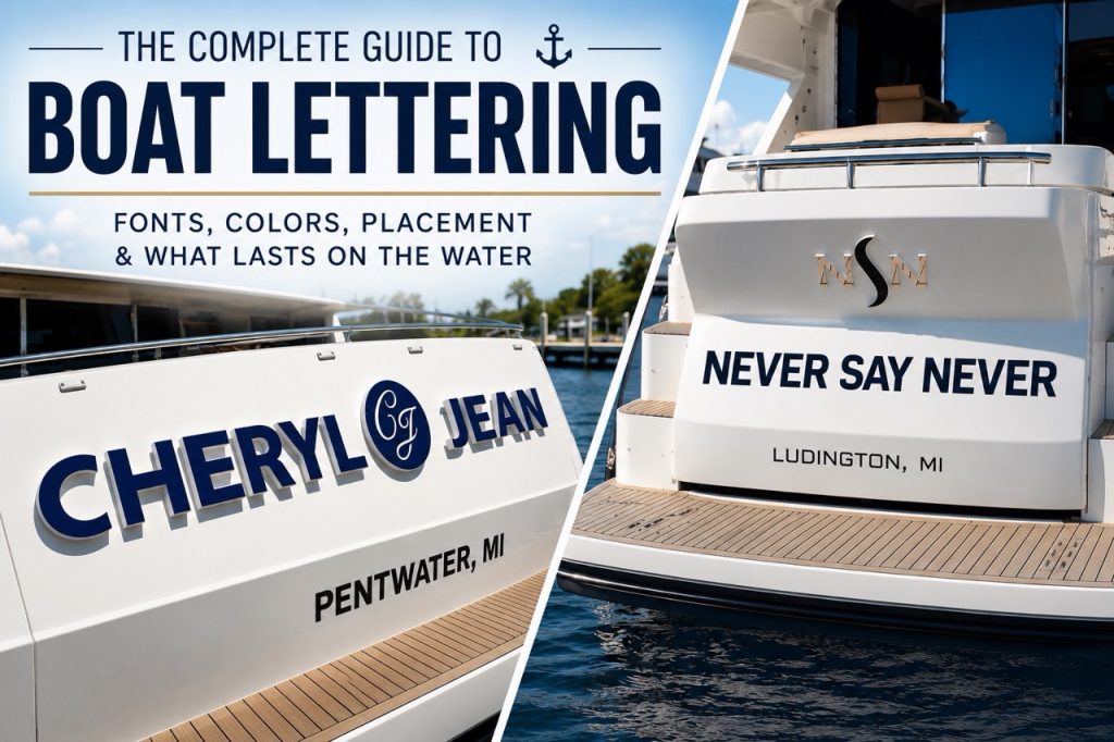 Custom yacht and boat lettering examples featuring luxury yacht transom names "Cheryl Jean" and "Never Say Never," showcasing professional marine-grade boat lettering, font styles, color contrast, and placement on luxury yachts.