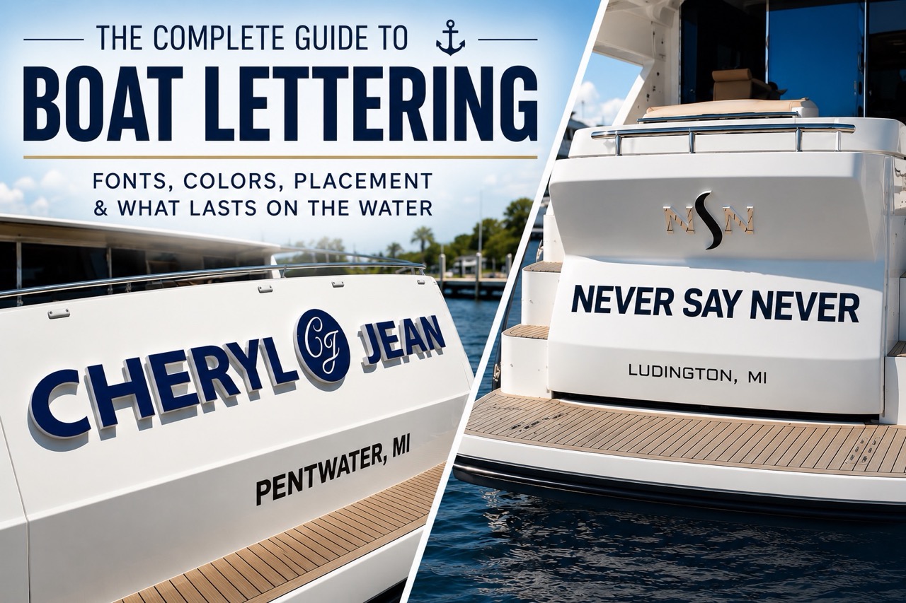 Custom yacht and boat lettering examples featuring luxury yacht transom names "Cheryl Jean" and "Never Say Never," showcasing professional marine-grade boat lettering, font styles, color contrast, and placement on luxury yachts.